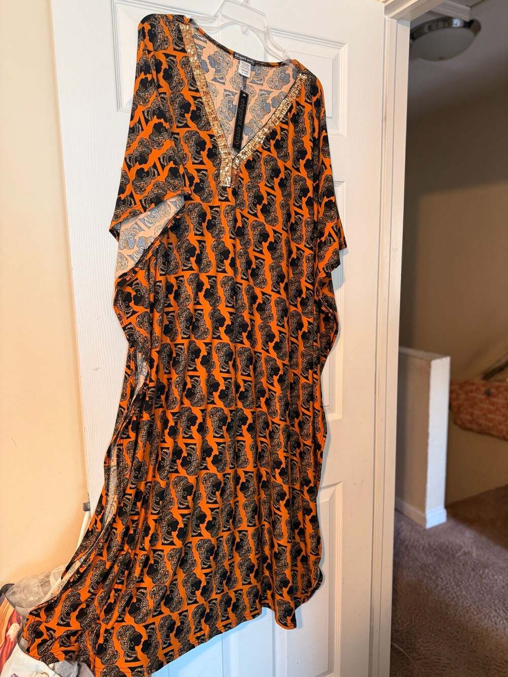 Elegant Emily Sequin Trim African Print Kaftan Dress One Size
